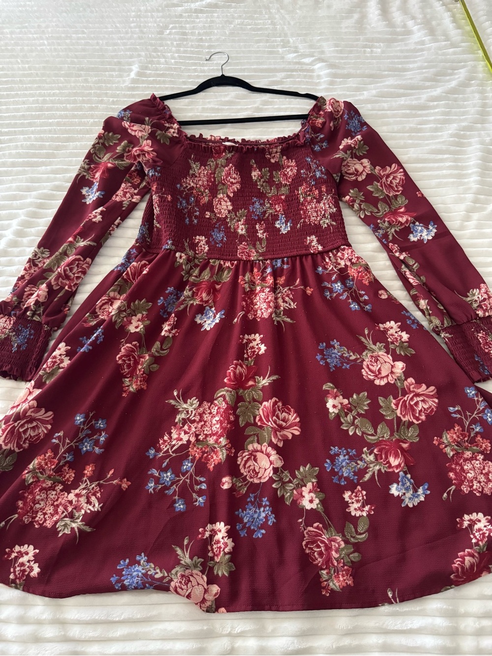 Women’s Long Sleeve Burgundy Floral Autumn Dress